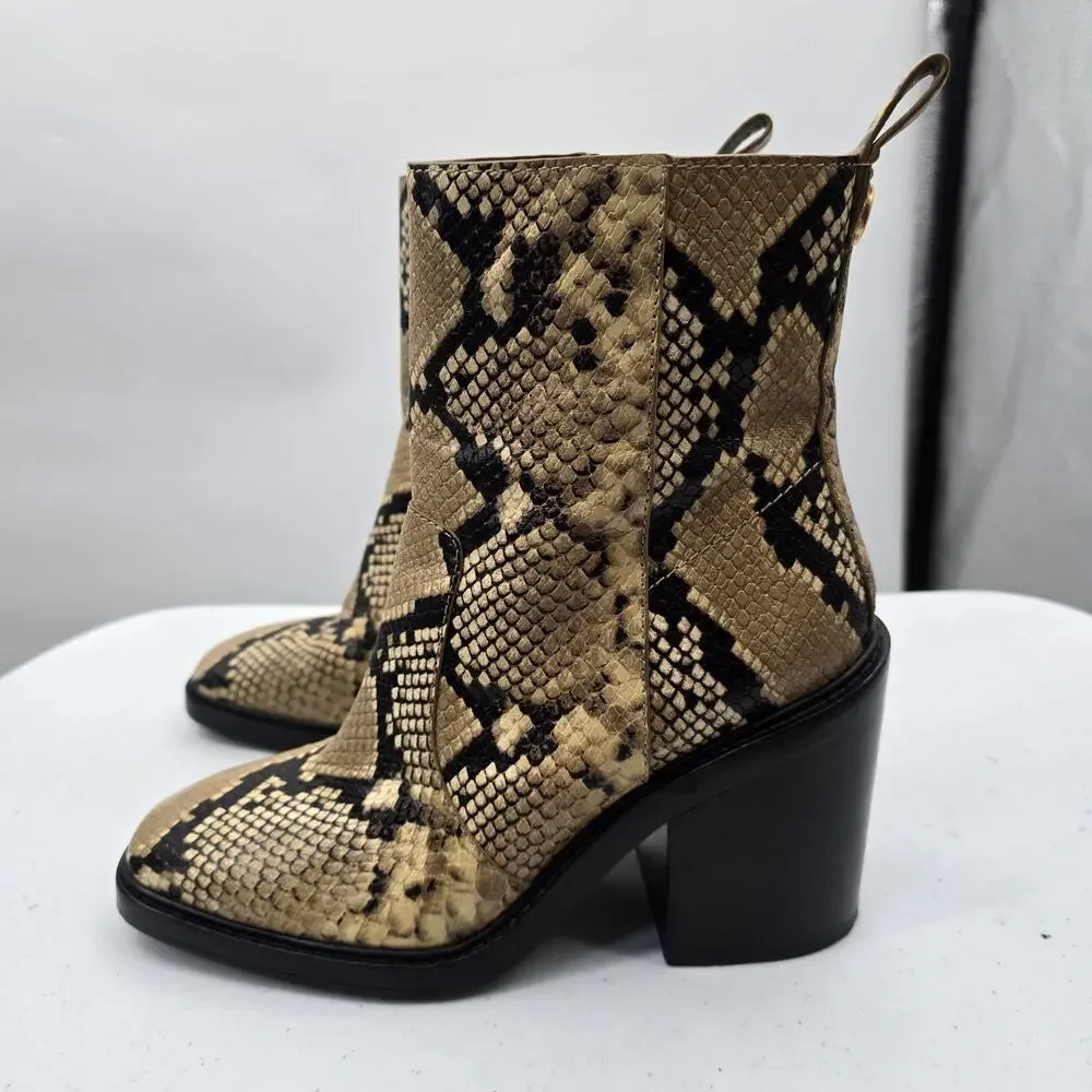 Tory Burch Boots Womens Size 9 Brown Snake Leather Ankle Block Heel Booties